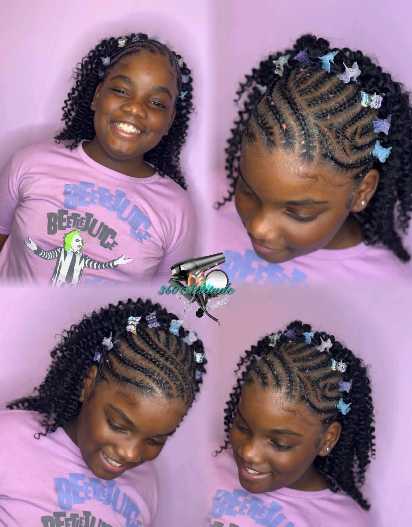 Young client with intricate cornrows and butterfly clips