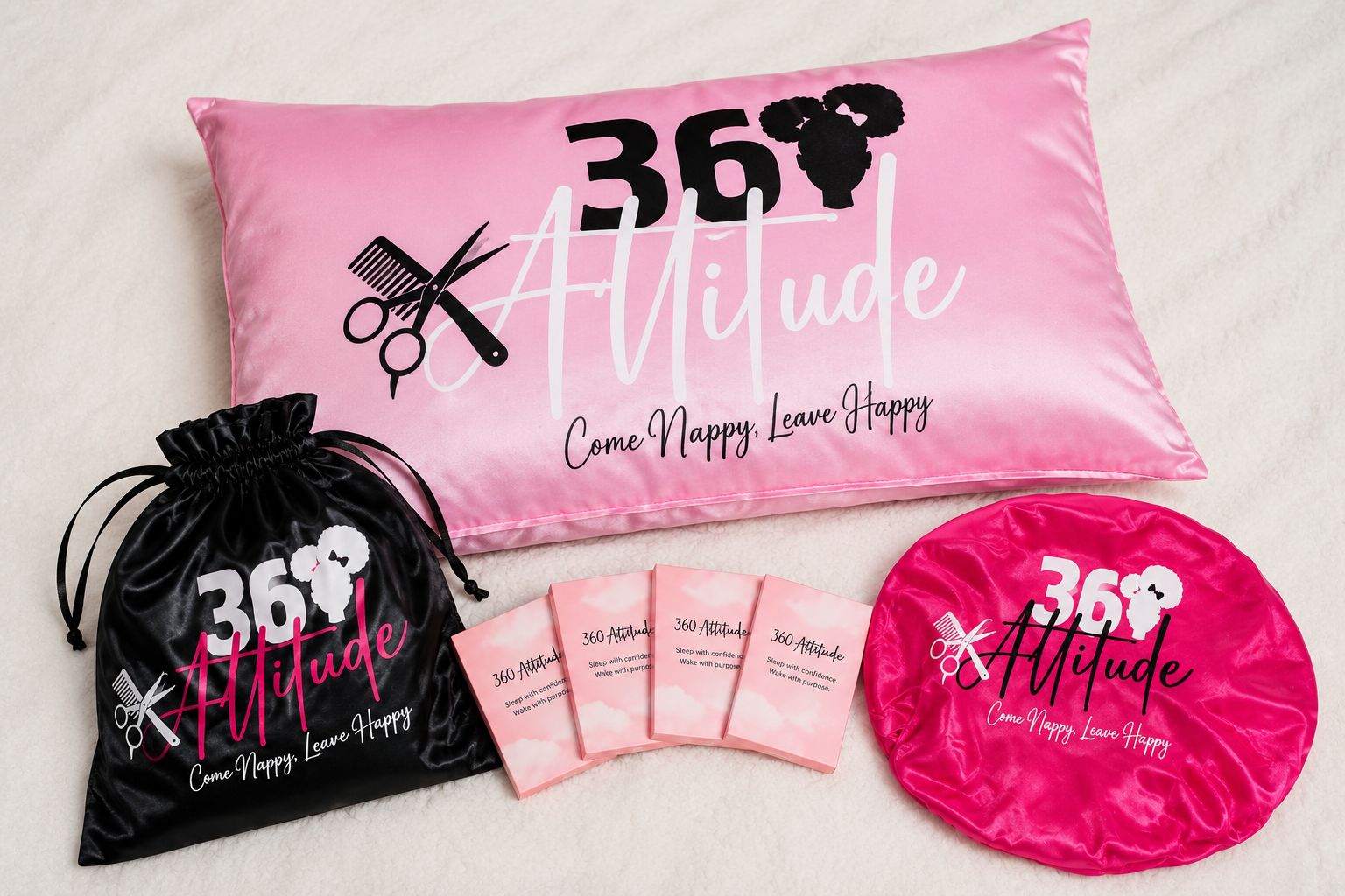 360 Attitude Classic Sleep Collection with pink logo pillowcase, black satin bag, affirmation cards, and pink satin bonnet