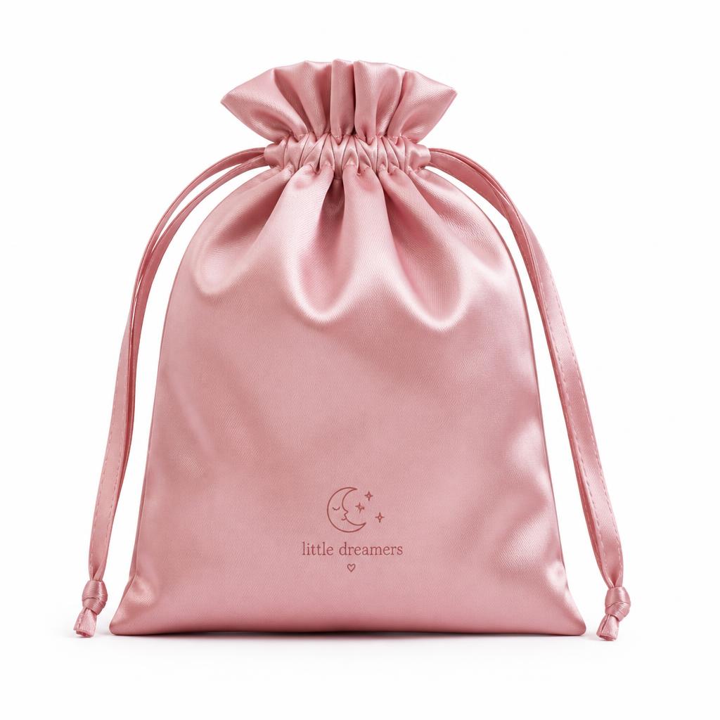 Satin drawstring storage bag in soft pink