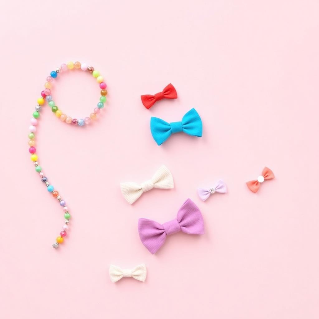 Colorful beads and bows arranged on a soft pink background