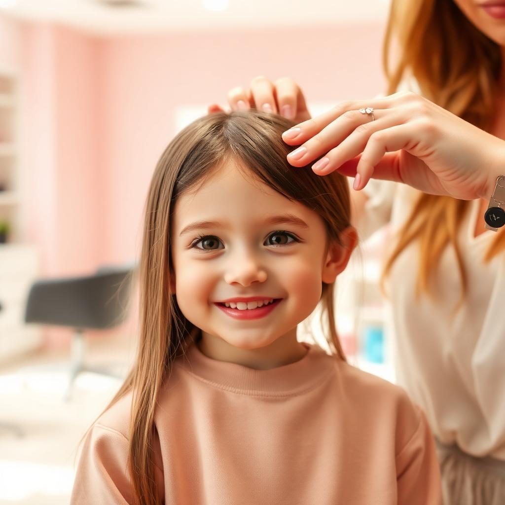 Child with smooth silk-pressed hair being gently finished by a stylist