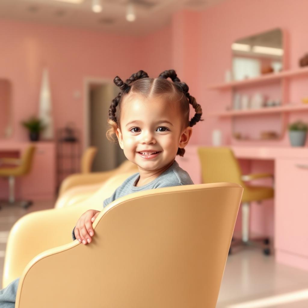 Child with neat twist hairstyle in a colorful salon chair